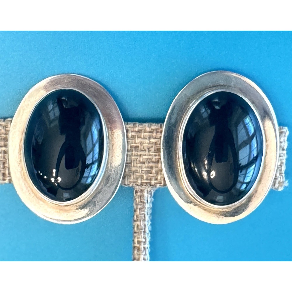 Escorcia Taxco Mexico TR-120 Sterling Silver Black Stone Clip Earrings 23g